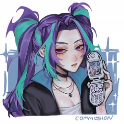 Size: 2048x2048 | Tagged: safe, artist:cadence_sniffa, imported from derpibooru, aria blaze, sonata dusk, human, equestria girls, arisona, choker, commission, duo, female, flip phone, floating heart, heart, jewelry, lesbian, looking at you, necklace, peace sign, phone, shipping