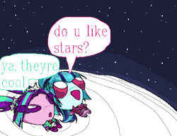 Size: 1831x1412 | Tagged: safe, artist:cadence_sniffa, imported from derpibooru, aria blaze, sonata dusk, human, equestria girls, dialogue, do u like stars?, duo, female, lying down, meme, moon, on the moon, speech bubble, stars