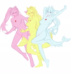 Size: 1984x2048 | Tagged: safe, artist:cadence_sniffa, imported from derpibooru, adagio dazzle, aria blaze, sonata dusk, human, breasts, colored sketch, eared humanization, featureless breasts, featureless crotch, female, fins, fish tail, humanized, nudity, simple background, sketch, tail, tailed humanization, the dazzlings, trio, white background