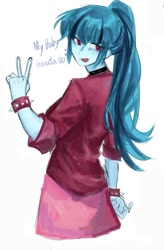 Size: 693x1059 | Tagged: safe, artist:cadence_sniffa, imported from derpibooru, sonata dusk, human, equestria girls, female, peace sign, simple background, solo, spiked wristband, white background, wristband