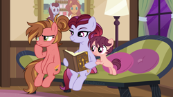 Size: 1920x1080 | Tagged: safe, artist:limedazzle, imported from derpibooru, oc, oc only, oc:allen, oc:madelyn, oc:nelly, earth pony, 5-year-old, book, female, mare
