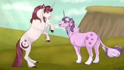 Size: 1920x1080 | Tagged: safe, artist:neighbaby, imported from derpibooru, moondancer (g1), twilight, pony, unicorn, duo, g1, horn