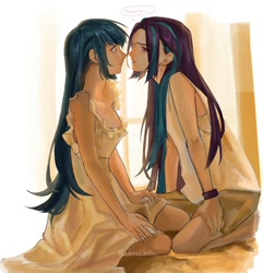 Size: 1142x1186 | Tagged: safe, artist:cadence_sniffa, imported from derpibooru, aria blaze, sonata dusk, human, arisona, clothes, dialogue, duo, female, humanized, kneeling, lesbian, looking at each other, looking at someone, nightgown, shipping, speech bubble