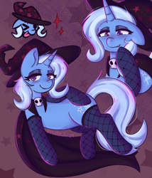 Size: 1200x1400 | Tagged: safe, artist:fruity_lupi, imported from derpibooru, trixie, pony, unicorn, :p, bedroom eyes, black eyeshadow, black lipstick, cape, clothes, eyeshadow, female, fishnet clothing, fishnets, goth, hat, heart, heart eyes, horn, lipstick, lying down, makeup, mare, multeity, my little romance - the great & powerful, skull, socks, solo, song reference, sparkles, stockings, sultry pose, thigh highs, tongue out, trixie's cape, trixie's hat, wingding eyes