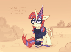 Size: 3000x2200 | Tagged: safe, artist:sinnocturnal, imported from derpibooru, moondancer, pony, unicorn, amending fences, abandoned, clothes, crying, cupcake, eye clipping through hair, eyebrows, eyebrows visible through hair, female, floppy ears, food, glasses, hat, horn, mare, my little pony, party hat, present, sad, solo, sweater, tape, turtleneck, unshorn fetlocks
