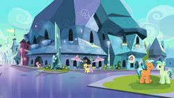 Size: 1280x720 | Tagged: safe, imported from derpibooru, screencap, amber laurel, amber waves, citrine nectar, golden väs, sly flourish, pony, the times they are a changeling, crystal empire, honeycomb dazzle, my little pony