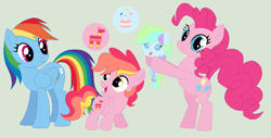 Size: 892x452 | Tagged: safe, artist:unoriginai, imported from derpibooru, pinkie pie, rainbow dash, oc, pegasus, pony, 2014, colt, cutie mark, family, female, filly, foal, holding a pony, lesbian, magical lesbian spawn, male, mare, offspring, open mouth, parent:pinkie pie, parent:rainbow dash, pinkiedash, shipping, simple background, smiling, wings