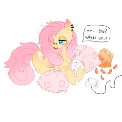 Size: 1300x1300 | Tagged: safe, artist:milkpuppy, imported from derpibooru, fluttershy, pegasus, pony, rabbit, animal, cheetos, controller, ear piercing, facial piercing, gaming, lidded eyes, nose piercing, nose ring, piercing, pillow, simple background, solo, white background