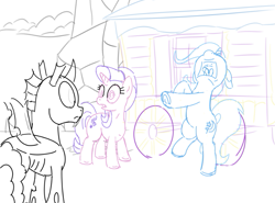 Size: 855x631 | Tagged: safe, artist:maranium, starlight glimmer, thorax, trixie, to where and back again, trixie's wagon, twilight's castle