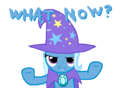 Size: 450x320 | Tagged: safe, trixie, animated, eyelashes, female, g4, gem, gif, hat, mare, simple background, text, what now