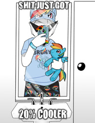 Size: 540x696 | Tagged: safe, artist:ponypaltrail, imported from derpibooru, rainbow dash, human, pegasus, pony, 20% cooler, brony, cellphone, clothes, dirk strider, holding, homestuck, mirror, phone, plushie, selfie, shirt, shorts, sink, smartphone, solo, sunglasses