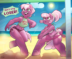 Size: 2592x2122 | Tagged: safe, artist:xconito, imported from derpibooru, cheerilee, anthro, earth pony, unguligrade anthro, beach, bikini, breasts, busty cheerilee, busty cherry blossom (g4), cherry blossom (g4), clothes, commission, dialogue, duo, duo female, female, high res, mare, ocean, open mouth, open smile, sarong, siblings, sisters, smiling, sports, swimsuit, volleyball, water