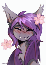 Size: 2480x3508 | Tagged: safe, artist:kotya, imported from derpibooru, oc, oc only, bat pony, pony, blushing, eyes closed, fangs, smiling, solo