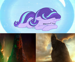 Size: 680x560 | Tagged: safe, artist:promasterepic, imported from derpibooru, starlight glimmer, kaiju, pony, unicorn, a royal problem, season 7, crying, godzilla, godzilla (monsterverse), godzilla (series), horn, king kong, magic bubble, monsterverse, my little pony, sad, sadlight glimmer