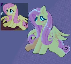 Size: 1200x1080 | Tagged: safe, artist:fruity_lupi, imported from derpibooru, fluttershy, pegasus, pony, abstract background, blushing, female, mare, screencap reference, sitting, solo
