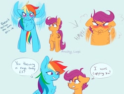 Size: 2048x1554 | Tagged: safe, artist:fruity_lupi, imported from derpibooru, rainbow dash, scootaloo, pegasus, pony, blushing, chest fluff, cute, cutealoo, dashabetes, dialogue, duo, female, filly, flapping wings, foal, mare, scrunchy face, speech bubble, wings