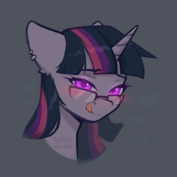 Size: 1000x1000 | Tagged: safe, artist:moewwur, artist:rin-mandarin, imported from derpibooru, twilight sparkle, pony, unicorn, :p, blushing, bust, ear piercing, eyelashes, female, glasses, glowing, glowing eyes, horn, licking, licking lips, looking at you, mare, piercing, portrait, purple, purple eyes, signature, smiling, smiling at you, solo, tongue out