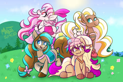 Size: 1500x1000 | Tagged: safe, artist:malcat, imported from derpibooru, horse, :3, bailey (wild manes), bandana, beauty mark, bow, bowtie, candi (wild manes), cherie (wild manes), clothes, cloud, cocoa (wild manes), crown, ear piercing, earring, eye clipping through hair, feather, female, flower, freckles, gradient legs, gradient muzzle, grass, group, hair bow, jewelry, jumping, leg warmers, looking up, mare, open mouth, open smile, outdoors, piercing, raised hoof, regalia, saddle, shoes, side view, sitting, sitting on grass, sky, smiling, sparkles, sun, tack, tree, visor cap, wild manes