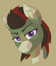Size: 858x1006 | Tagged: safe, artist:al solae, imported from derpibooru, oc, oc:runner-runner, bat pony, pony, bat pony oc, bat wings, bust, cheek fluff, ear fluff, fangs, female, fluffy, looking at you, mare, mohawk, simple background, simple shading, smiling, smiling at you, smirk, solo, wings