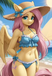 Size: 832x1216 | Tagged: safe, imported from twibooru, fluttershy, anthro, pegasus, ai generated, beach, beach umbrella, belly button, bikini, blue bikini, breasts, busty fluttershy, clothes, female, generator:prefect pony xl, hand behind back, hat, image, legs together, needs more jpeg, ocean, palm tree, prompter:zerowinger, smiling, solo, sun, sun hat, swimsuit, tree, umbrella, wings