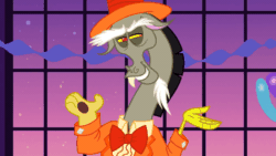 Size: 1920x1080 | Tagged: safe, imported from derpibooru, screencap, discord, make new friends but keep discord, season 5, animated, clothes, cute, hat, looking at you, loop, male, my little pony, shrug, solo, talking