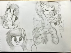 Size: 2016x1512 | Tagged: artist needed, source needed, safe, imported from derpibooru, oc, oc only, oc:filly anon, earth pony, baby bottle, blanket, bottle feeding, diaper, eye clipping through hair, eyes closed, female, female oc, filly, filly oc, foal, looking at you, lying down, on back, onesie, pacifier, pencil drawing, plushie, sitting, sleeping, solo, traditional art