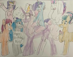 Size: 1358x1054 | Tagged: safe, artist:acutie, imported from derpibooru, hitch trailblazer, izzy moonbow, opaline arcana, pipp petals, sunny starscout, zipp storm, alicorn, earth pony, pegasus, pony, unicorn, applejack (g5), birthday, cake, cellphone, dialogue, female, fluttershy (g5), food, g5, hat, horn, male, mane five, mane six (g5), mare, misty brightdawn, party hat, phone, pinkie pie (g5), ponies riding ponies, rainbow dash (g5), rarity (g5), riding, riding a pony, smartphone, stallion, traditional art, twilight sparkle (g5)