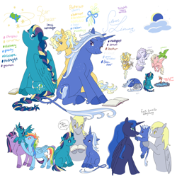 Size: 2048x2048 | Tagged: safe, artist:universalheart, imported from derpibooru, part of a set, derpy hooves, princess luna, rainbow dash, twilight sparkle, oc, oc:buttercup (universalheart), oc:honeypie (universalheart), oc:pearlescence, oc:silver lining (universalheart), oc:star chaser (universalheart), alicorn, bird, dog, dove, earth pony, fish, koi, parrot, pegasus, pony, unicorn, :d, ><, ^^, animal, aside glance, baby, baby pony, blush lines, blushing, body freckles, book, boop, braid, braided tail, cascading cutie mark, character name, chibi, closed mouth, cloven hooves, colored eyebrows, colored eyelashes, curled up, curly mane, curly tail, cute, cutie mark, dialogue, dot eyes, earth pony oc, eye contact, eyebrows, eyebrows visible through hair, eyes closed, family, feathered wings, female, filly, flapping, flapping wings, flying, foal, folded wings, freckles, front view, frown, full body, glasses, grin, gritted teeth, group, high res, holding a pony, hoof hold, hoof in air, horn, leonine tail, looking at each other, looking at someone, looking at you, looking back, looking back at you, looking sideways, lying down, magical lesbian spawn, mare, mare oc, mother and child, mother and daughter, motion lines, multiple views, noseboop, offspring, open mouth, open smile, parent:applejack, parent:derpy hooves, parent:fluttershy, parent:maud pie, parent:princess luna, parent:rainbow dash, parent:rarity, parent:trixie, parent:twilight sparkle, parents:lunaderp, parents:rarimaud, parents:tripplejack, parents:twidash, parents:twishy, pegasus oc, pet, pond, prone, reference sheet, short mane, side view, sideways glance, simple background, sitting, sleeping, smiling, smiling at each other, smiling at you, speech bubble, standing, tail, tail fluff, tail wag, teary eyes, teeth, three toned mane, three toned tail, three-quarter view, turned head, two toned mane, two toned tail, unicorn oc, wall of tags, water, white background, wings
