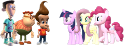 Size: 1198x448 | Tagged: safe, artist:neutron2001, imported from derpibooru, fluttershy, pinkie pie, twilight sparkle, earth pony, human, pegasus, pony, unicorn, 3d, carl wheezer, crossover, female, jimmy neutron, male, sheen estévez, simple background, source filmmaker, the adventures of jimmy neutron: boy genius, transparent background, unicorn twilight
