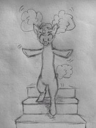 Size: 852x1136 | Tagged: safe, artist:anonymous, imported from derpibooru, oc, oc only, pony, balancing, bipedal, dachshund pony, drawthread, female, female oc, grayscale, mare, mare oc, monochrome, not pinkie pie, pony oc, shaking, stairs, traditional art, walking, weenie ponie