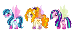 Size: 1950x919 | Tagged: safe, artist:naokomullally, imported from derpibooru, adagio dazzle, aria blaze, sonata dusk, pegasus, pony, alternate hairstyle, box art, concept art, concept design, equestria girls ponified, female, glasses, gradient legs, looking at you, loose hair, mare, official, ponified, side view, simple background, siren wings, sonata's pointy shades, the dazzlings, toy, toy design, toy interpretation, trio, trio female, white background