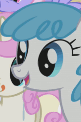 Size: 359x540 | Tagged: safe, lightning bolt, rainbowshine, twinkleshine, white lightning, pegasus, pony, unicorn, animated, drool, female, g4, gif, mare, open mouth, tongue out