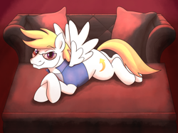Size: 2732x2048 | Tagged: safe, artist:kimba, imported from derpibooru, oc, oc:lightpoint, pegasus, pony, clothes, couch, lying down, male, pillow, seductive pose, shirt, solo, spread wings, stallion, wings
