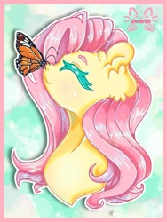 Size: 768x1024 | Tagged: safe, artist:niveria25, imported from derpibooru, fluttershy, butterfly, pegasus, pony, abstract background, bust, butterfly on nose, cute, ear fluff, eyes closed, female, insect on nose, mare, shyabetes, solo