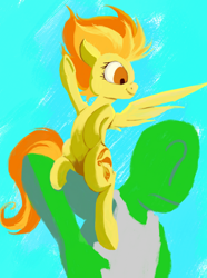 Size: 520x700 | Tagged: safe, artist:anonymous, imported from derpibooru, spitfire, oc, oc:anon, human, pegasus, behaving like a bird, bipedal, colored, drawthread, duo, female, human oc, male, mare, requested art, shoulder pony, sitting on person