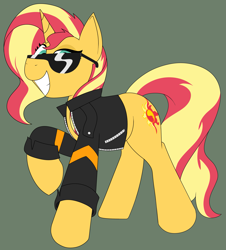 Size: 2905x3211 | Tagged: safe, artist:craftedburb, imported from derpibooru, sunset shimmer, pony, unicorn, clothes, cool, female, horn, jacket, leather, leather jacket, mare, solo, sunglasses