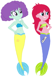 Size: 403x577 | Tagged: safe, artist:ocean lover, artist:selenaede, imported from derpibooru, blueberry pie, raspberry fluff, human, mermaid, equestria girls, background human, band members, bandeau, bare midriff, bare shoulders, base, beautiful, belly, belly button, blue eyes, clothes, cutie mark, duo, duo female, female, finger on chin, fins, fish tail, hand on hip, long hair, looking at something, makeup, mermaid tail, mermaidized, mermay, midriff, purple eyes, simple background, smiling, species swap, tail, tail fin, teenager, white background, wondering