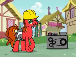 Size: 960x720 | Tagged: safe, artist:lonstecation, imported from derpibooru, oc, oc only, oc:buckaroo mcintosh, earth pony, pony, chains, diaper, engine, engineer, gears, glasses, hat, male, png, ponyville, solo, stallion, standing, wrench
