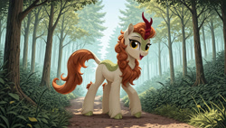 Size: 2560x1456 | Tagged: safe, ai generated, imported from twibooru, autumn blaze, kirin, pony, female, forest, generator:stable diffusion, generator:yiffymix v61a, image, looking at you, mare, prompter:cypher, solo, solo female, tree