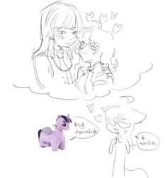 Size: 788x832 | Tagged: safe, artist:takormi, imported from derpibooru, twilight sparkle, human, pony, blushing, clothes, dialogue, duo, humanized, necktie, self shipping, shipping, sketch, speech bubble, thought bubble, toy