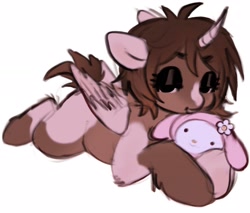 Size: 2048x1743 | Tagged: safe, artist:brlvet, imported from derpibooru, oc, oc only, alicorn, pony, alicorn oc, curved horn, horn, lidded eyes, lying down, plushie, prone, simple background, solo, white background, wings