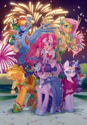 Size: 1345x1920 | Tagged: safe, artist:rustya, imported from derpibooru, applejack, fluttershy, pinkie pie, rainbow dash, rarity, twilight sparkle, pony, unicorn, the best night ever, circlet, clothes, dress, ear piercing, earring, female, fireworks, flower, flying, gala dress, hoof shoes, jewelry, lasso, magic, mane six, mare, my little pony, night, one eye closed, outdoors, piercing, rope, rose, spread wings, telekinesis, unicorn twilight, wings, wink, zine:mlp music zine