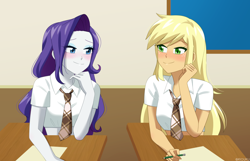 Size: 1400x900 | Tagged: safe, artist:riouku, imported from derpibooru, applejack, rarity, equestria girls, bedroom eyes, blushing, breasts, chalkboard, clothes, commission, cute, desk, duo, duo female, female, jackabetes, lesbian, looking at each other, looking at someone, necktie, paper, pencil, raribetes, rarijack, school uniform, schoolgirl, shipping, shirt, uniform