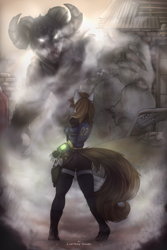 Size: 4000x6000 | Tagged: safe, artist:lurilaysuqe, imported from derpibooru, oc, oc:littlepip, anthro, deathclaw, unicorn, fallout equestria, boots, butt, car, clothes, fallout, female, fingerless gloves, gloves, gun, handgun, holster, horn, jumpsuit, little macintosh, pipbuck, pipbutt, revolver, rubble, ruins, shoes, shorts, shoulder pads, socks, tail, thigh highs, unicorn oc, vault suit, weapon, zettai ryouiki