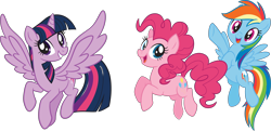 Size: 8193x3974 | Tagged: safe, imported from derpibooru, pinkie pie, rainbow dash, twilight sparkle, alicorn, earth pony, pegasus, pony, .svg available, female, flying, looking at you, mare, simple background, stock vector, svg, transparent background, trio, trio female, twilight sparkle (alicorn), vector