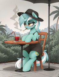 Size: 1760x2284 | Tagged: safe, imported from twibooru, lyra heartstrings, pony, unicorn, ai generated, cigarette, clothes, female, generator:zoinksnoob, horn, image, mare, png, prompter:ramprover, sitting, solo