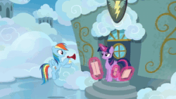 Size: 1920x1080 | Tagged: safe, imported from twibooru, screencap, rainbow dash, twilight sparkle, top bolt, airhorn, animated, classroom, horn, image, mp4, sound, webm