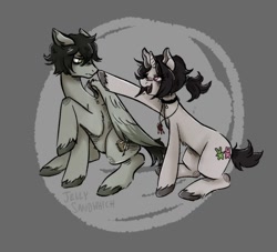 Size: 710x645 | Tagged: safe, artist:jelly sandwich, imported from twibooru, pegasus, pony, unicorn, boop, brother and sister, choker, duo, female, frown, gray background, image, jewelry, male, mare, necklace, needs more jpeg, open mouth, ponified, ponytail, raised hoof, siblings, simple background, smiling, stallion, teasing, the coffin of andy and leyley, unshorn fetlocks