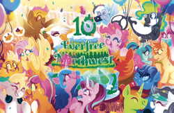 Size: 1380x900 | Tagged: safe, artist:justyna babinska, imported from derpibooru, big macintosh, feather bangs, fluttershy, gilda, izzy moonbow, pinkie pie, sonata dusk, starlight glimmer, oc, oc:front page, oc:marina (efnw), oc:mocha sunrise, oc:novella, oc:sharp focus, cat, earth pony, fox, griffon, orca, orca pony, original species, pegasus, pony, unicorn, arm behind head, balloon, blushing, camera, candle, confetti, confused, dripping, earth pony sonata dusk, eating, emanata, everfree northwest, everfree northwest 2022, eyes closed, female, floating, flying, food, frown, g5, generational ponidox, glasses, grin, hair over eyes, headphones, headphones around neck, hooves on cheeks, horn, icing bag, levitation, lighter, looking away, looking up, magic, magic aura, male, mare, nervous, open mouth, open smile, pegasus oc, plewds, question mark, reading, signature, smiling, sparkles, speech bubble, spread wings, stallion, sweat, taco, telekinesis, that pony sure does love tacos, tongue out, unicorn oc, visor cap, wet, wings