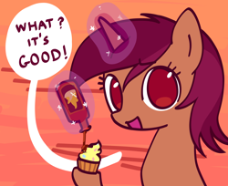 Size: 2400x1956 | Tagged: safe, artist:backgroundmares, imported from derpibooru, pony, unicorn, cupcake, eyebrows, eyebrows visible through hair, female, food, gradient background, hoof hold, horn, hot sauce, implied pinkie pie, looking at you, magic, magic aura, mare, open mouth, solo, speech bubble, tabasco pepper, talking, talking to viewer, telekinesis, text